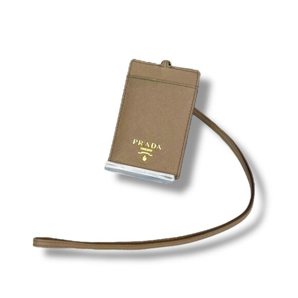Prada Pass Case With Neck Strap Regular Card Holder Saffiano Leather Beige